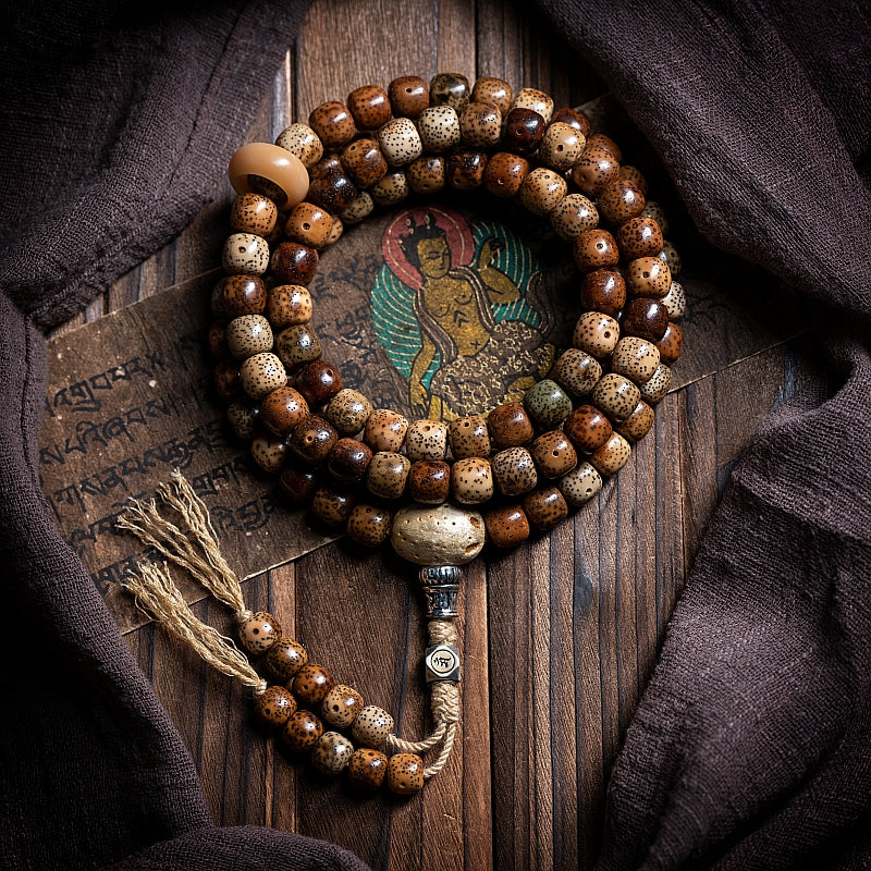 Kailashforce Vintage 108 Bodhi Seed Mala Necklace Old Material Spiritual Bracelet for Enlightenment Inner Peace Cultural Heritage