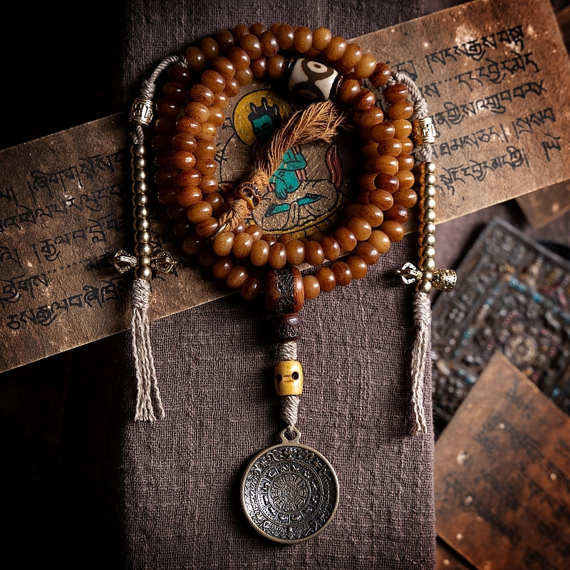 Kailashforce Natural Aged Yak Bone 108 Beads Buddhist Prayer Bracelet Necklace Set Tibetan Handcrafted Couple Jewelry with Carved Charms, Flowing Tassels Timeless Soul