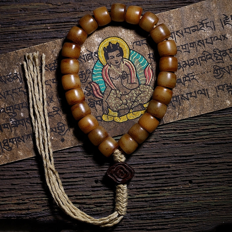 Kailashforce Artisanal Tibetan Yak Bone 108 Bead Mala Bracelet Vintage Handcarved with Sandalwood Inlays, Leather Tassel Ancient Scripture Accents Spiritual Jewelry for Men Women