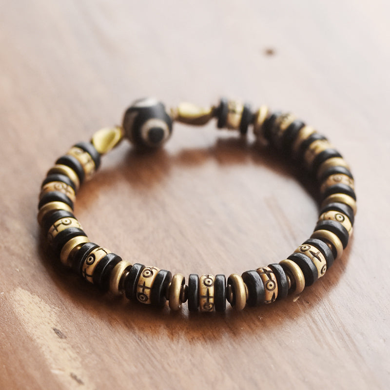Kailashforce Vintage Cow Bone Brass Bead Bracelet Artisanal Boho Cuff for Men Women Retro Couple Jewelry with Mysterious Symbols Timeless Charm