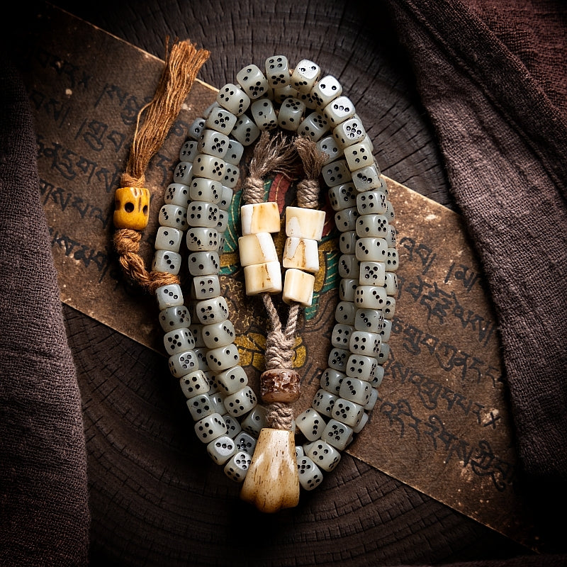 Kailashforce  Tibetan Yak Bone Dice Mala 108 Beads of Aged Wisdom, Where Bone Whispers Meet Soul’s Journey