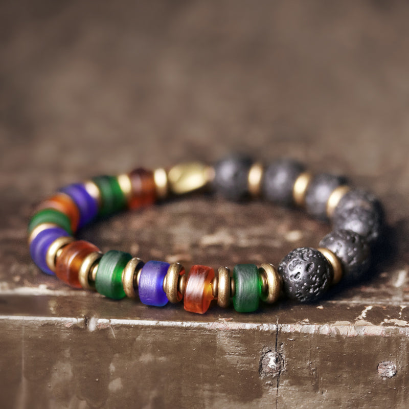 Kailashforce Original Design Colorful Glazed Bead Volcanic Stone Couple Bracelet Ethnic Vintage Handmade Jewelry for Men Women
