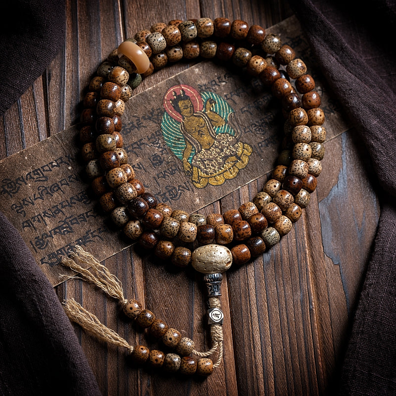 Kailashforce Vintage 108 Bodhi Seed Mala Necklace Old Material Spiritual Bracelet for Enlightenment Inner Peace Cultural Heritage