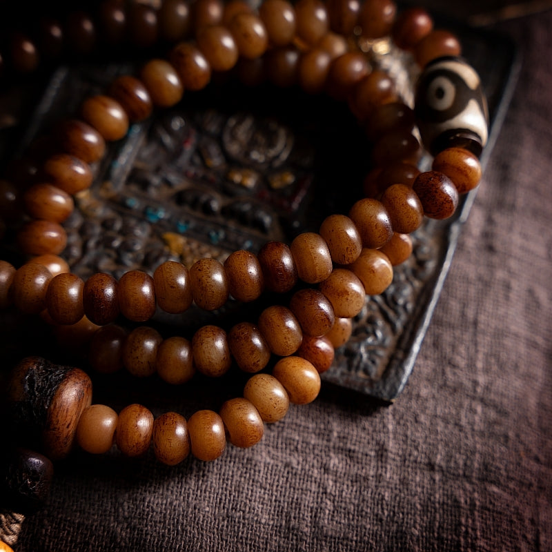 Kailashforce Natural Aged Yak Bone 108 Beads Buddhist Prayer Bracelet Necklace Set Tibetan Handcrafted Couple Jewelry with Carved Charms, Flowing Tassels Timeless Soul