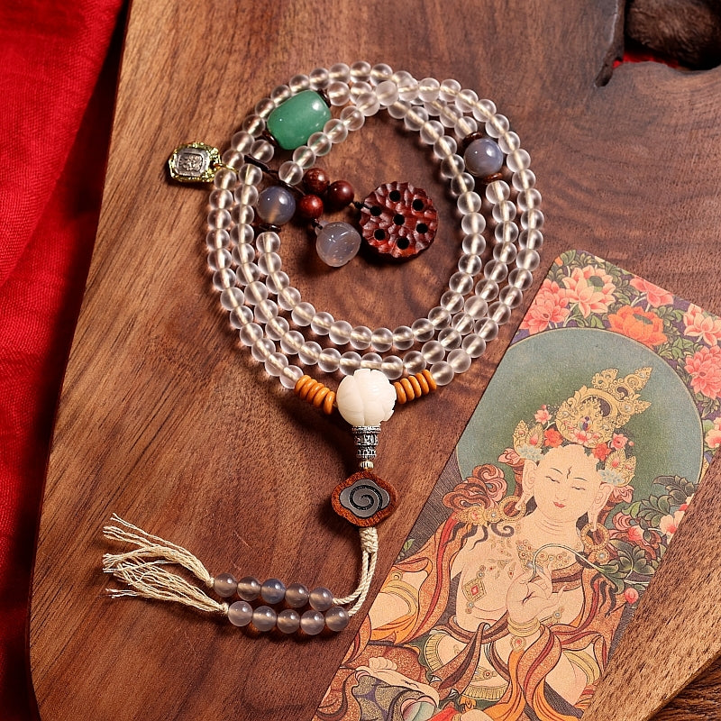 Kailashforce Artisanal Tibetan White Glazed Jade 108 Bead Mala Necklace White Tara Bracelet Handcrafted with Sandalwood Carvings, Lotus Pendants Wooden Beads Spiritual Jewelry for Women