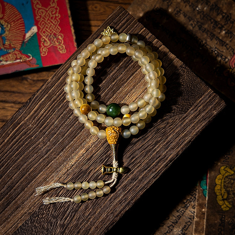 Kailashforce Original Minimalist Tibetan Inspired 108 Bead Natural Tibet Yak Horn Birthstone Buddha Rosary Unisex Spiritual Jewelry for Men or Women