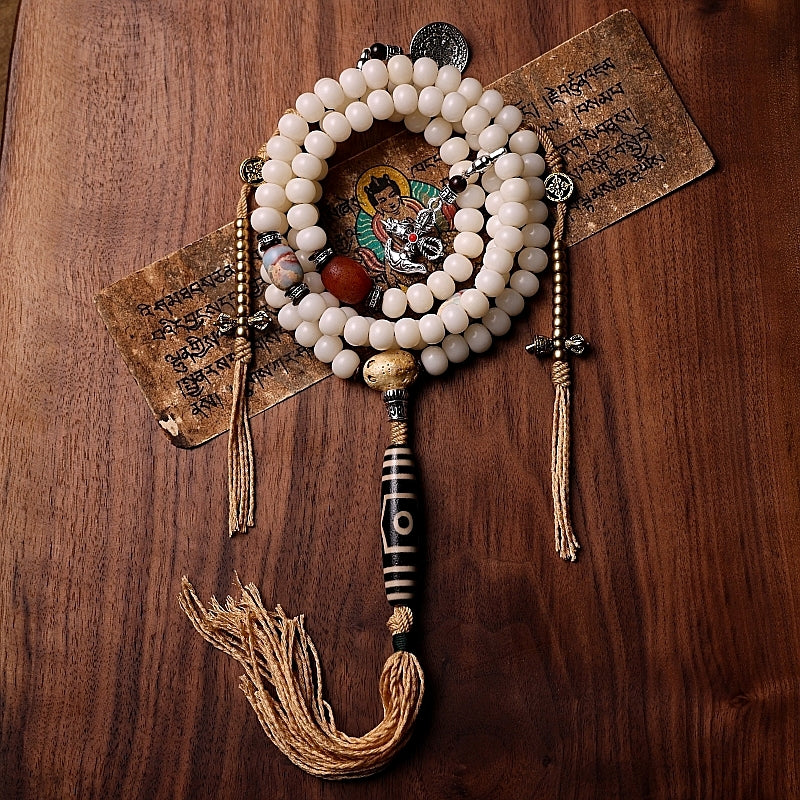 Kailashforce Tibetan White Dzi Root Mala Necklace Bracelet 108 Sacred Beads with Mystical Dzi Artisanal Spiritual Jewelry for Men Women