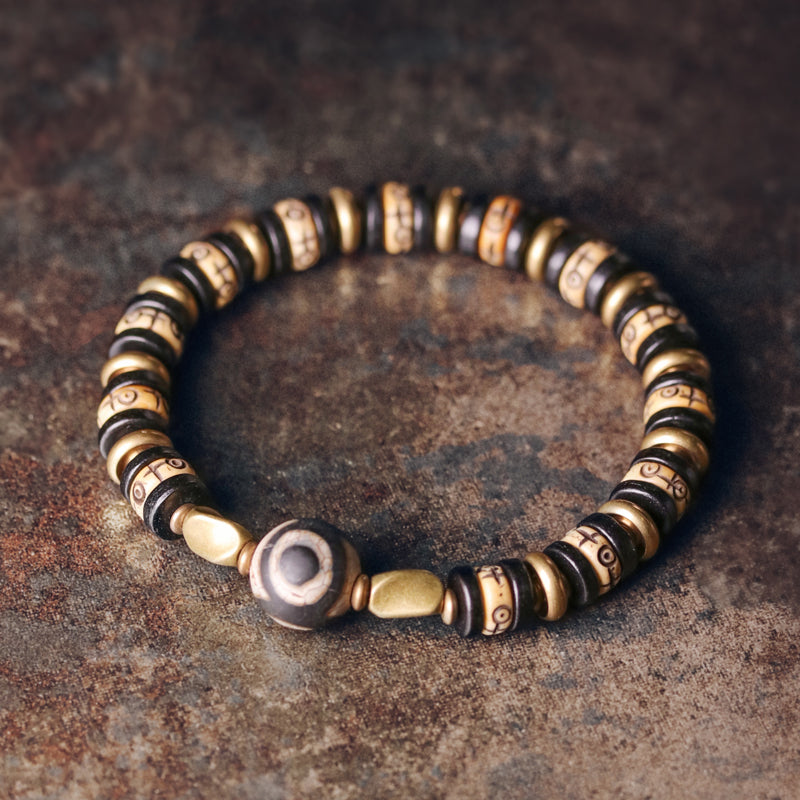 Kailashforce Vintage Cow Bone Brass Bead Bracelet Artisanal Boho Cuff for Men Women Retro Couple Jewelry with Mysterious Symbols Timeless Charm