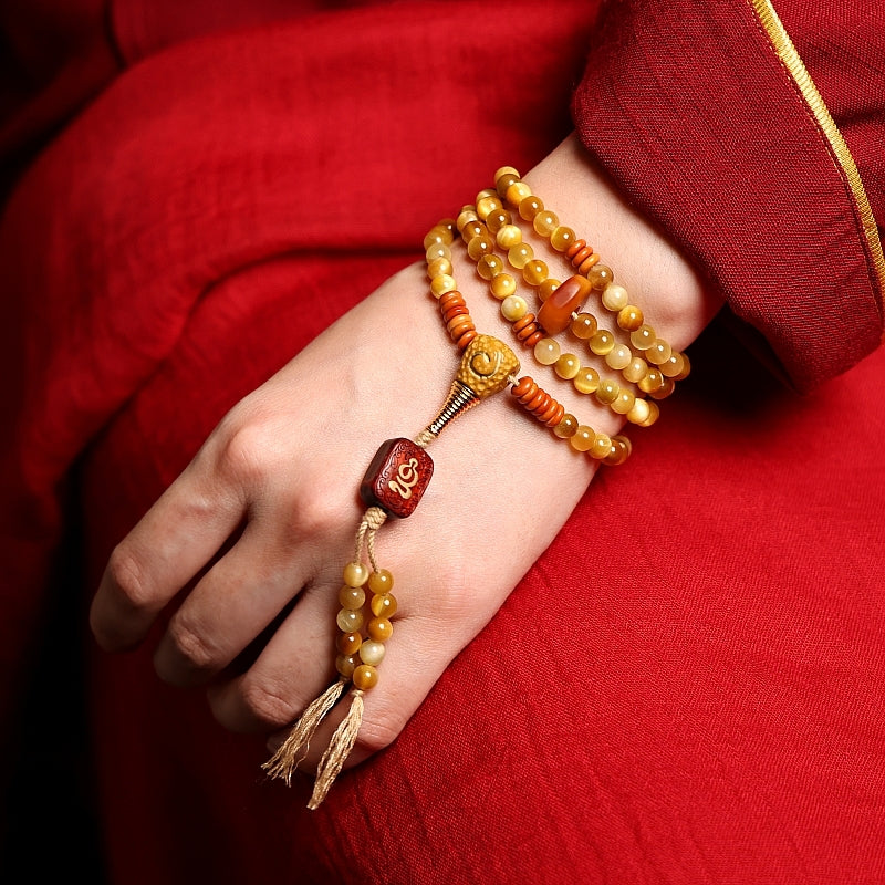 Kailashforce Artisanal Tibetan Gold Tiger’s Eye 108 Bead Mala Bracelet Sandalwood Backcloud, Brass Nine Palaces Amber Tassel Sacred Jewelry for Men Women