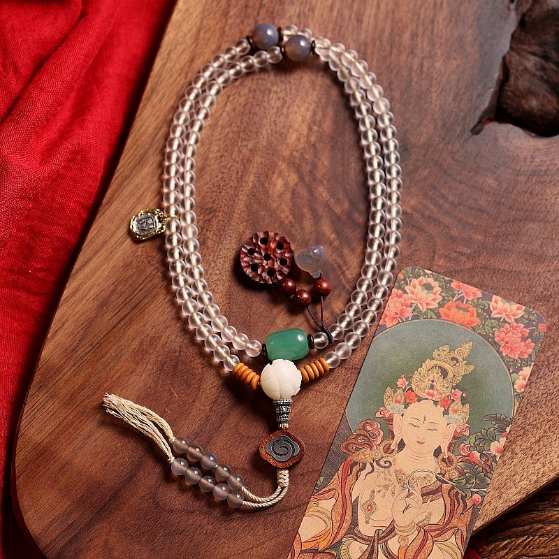 Kailashforce Artisanal Tibetan White Glazed Jade 108 Bead Mala Necklace White Tara Bracelet Handcrafted with Sandalwood Carvings, Lotus Pendants Wooden Beads Spiritual Jewelry for Women