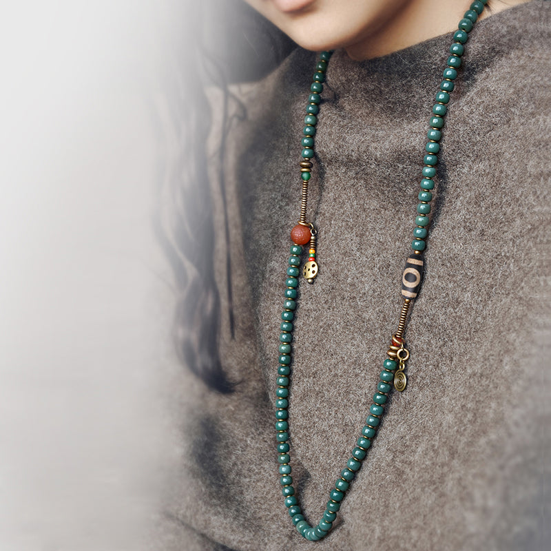 Kailashforce Vintage Bodhi Root Dzi Bead Necklace for Women Artistic Ethnic Long Sweater Chain Mystical Wisdom Timeless Elegance