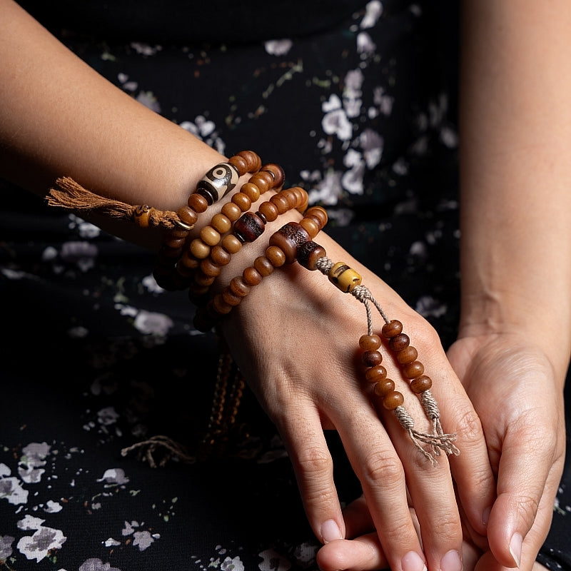 Kailashforce Natural Aged Yak Bone 108 Beads Buddhist Prayer Bracelet Necklace Set Tibetan Handcrafted Couple Jewelry with Carved Charms, Flowing Tassels Timeless Soul