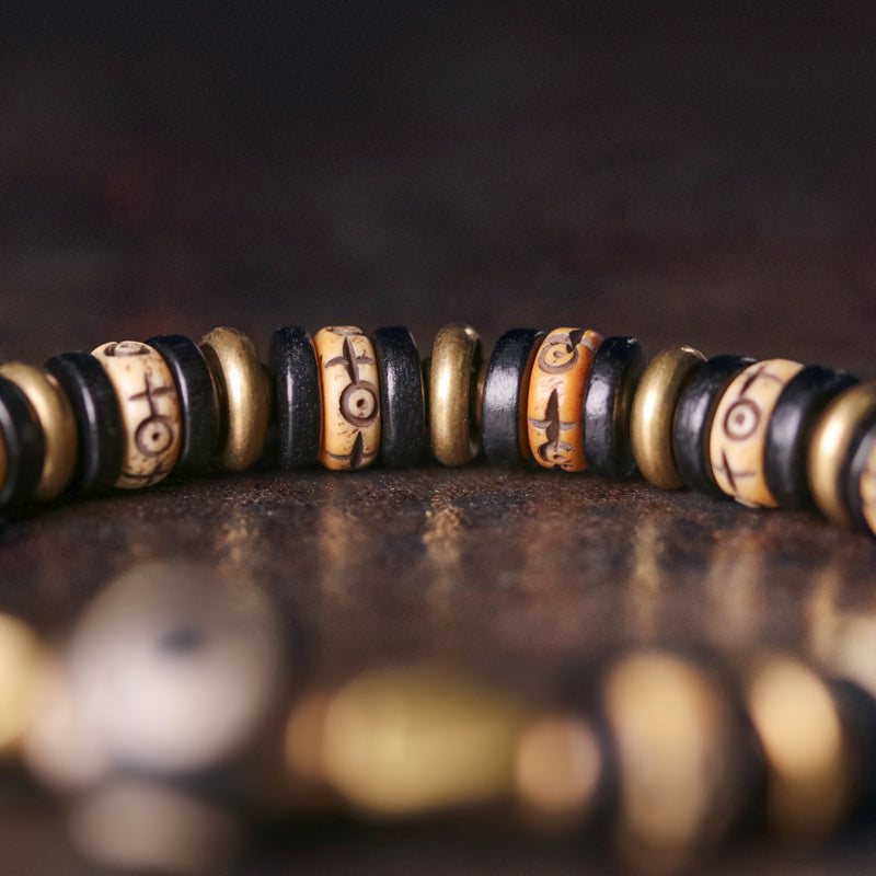 Kailashforce Vintage Cow Bone Brass Bead Bracelet Artisanal Boho Cuff for Men Women Retro Couple Jewelry with Mysterious Symbols Timeless Charm