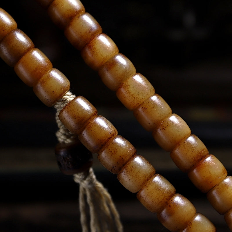 Kailashforce Artisanal Tibetan Yak Bone 108 Bead Mala Bracelet Vintage Handcarved with Sandalwood Inlays, Leather Tassel Ancient Scripture Accents Spiritual Jewelry for Men Women