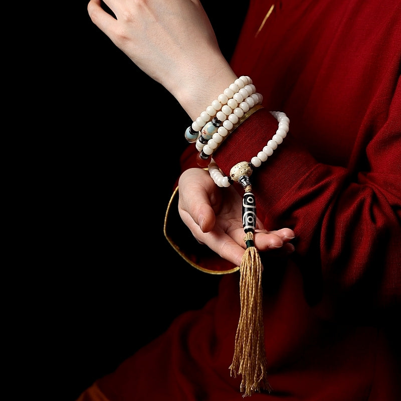 Kailashforce Tibetan White Dzi Root Mala Necklace Bracelet 108 Sacred Beads with Mystical Dzi Artisanal Spiritual Jewelry for Men Women