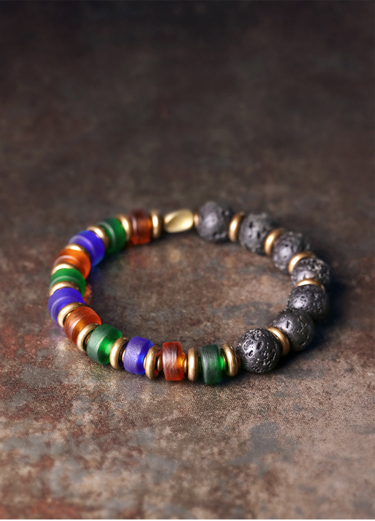 Kailashforce Original Design Colorful Glazed Bead Volcanic Stone Couple Bracelet Ethnic Vintage Handmade Jewelry for Men Women