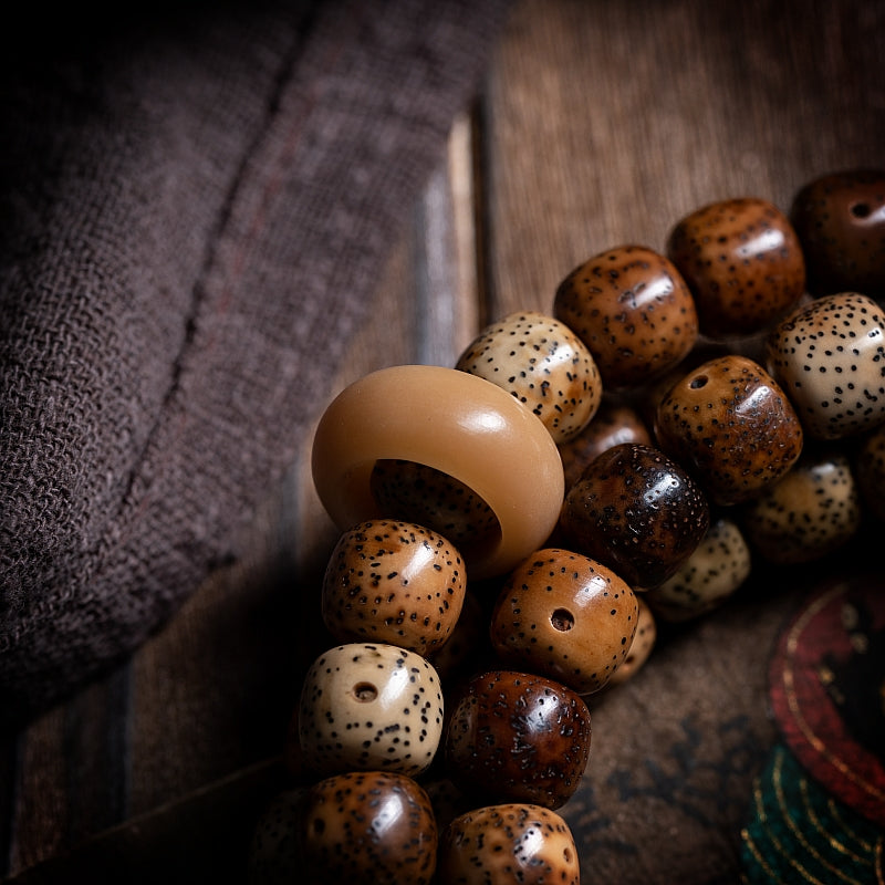 Kailashforce Vintage 108 Bodhi Seed Mala Necklace Old Material Spiritual Bracelet for Enlightenment Inner Peace Cultural Heritage
