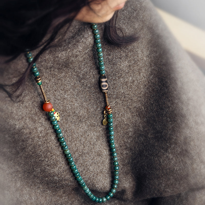 Kailashforce Vintage Bodhi Root Dzi Bead Necklace for Women Artistic Ethnic Long Sweater Chain Mystical Wisdom Timeless Elegance