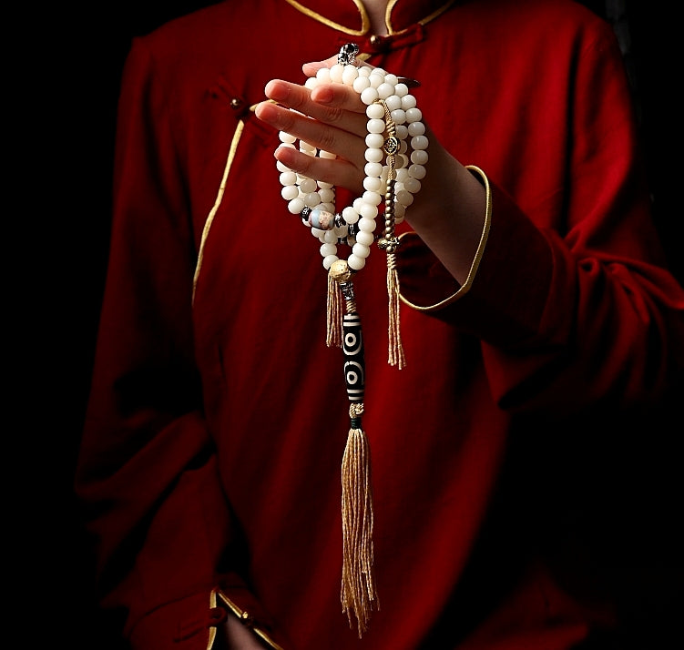Kailashforce Tibetan White Dzi Root Mala Necklace Bracelet 108 Sacred Beads with Mystical Dzi Artisanal Spiritual Jewelry for Men Women