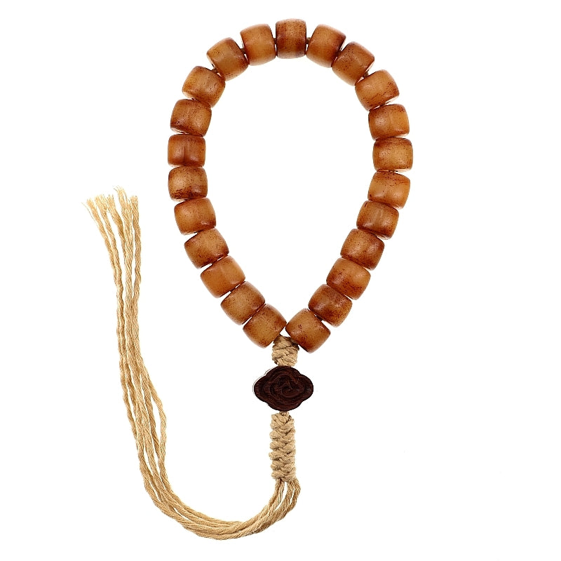 Kailashforce Artisanal Tibetan Yak Bone 108 Bead Mala Bracelet Vintage Handcarved with Sandalwood Inlays, Leather Tassel Ancient Scripture Accents Spiritual Jewelry for Men Women