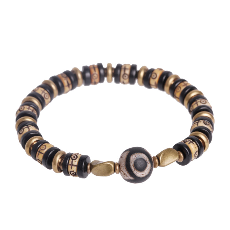 Kailashforce Vintage Cow Bone Brass Bead Bracelet Artisanal Boho Cuff for Men Women Retro Couple Jewelry with Mysterious Symbols Timeless Charm
