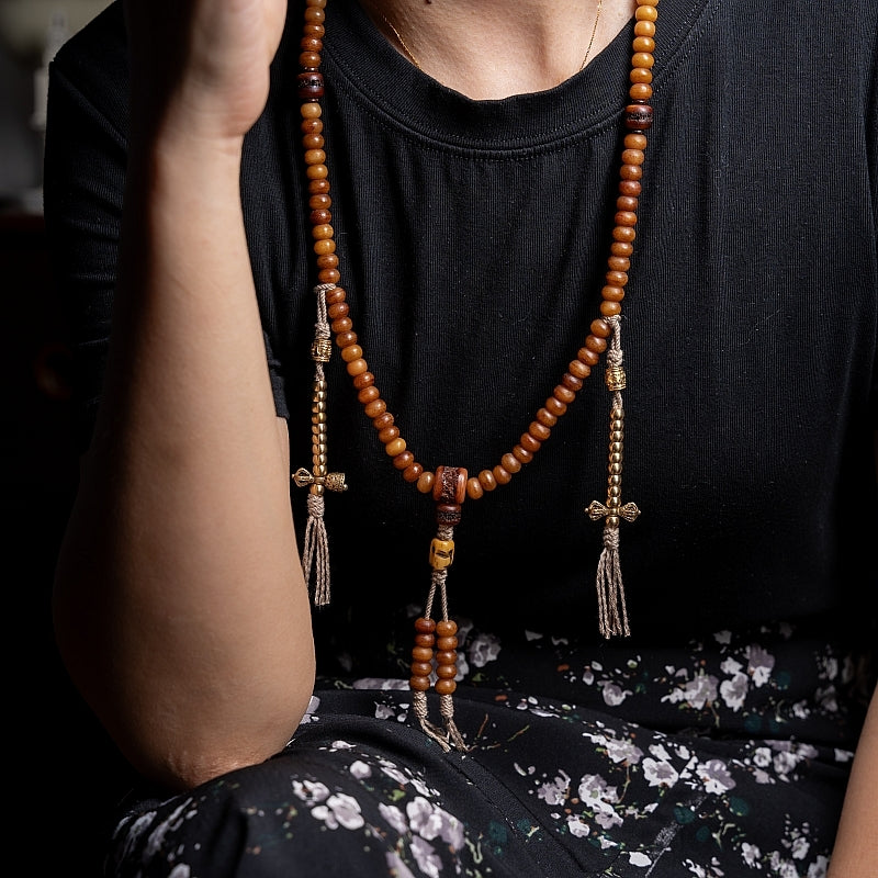 Kailashforce Natural Aged Yak Bone 108 Beads Buddhist Prayer Bracelet Necklace Set Tibetan Handcrafted Couple Jewelry with Carved Charms, Flowing Tassels Timeless Soul