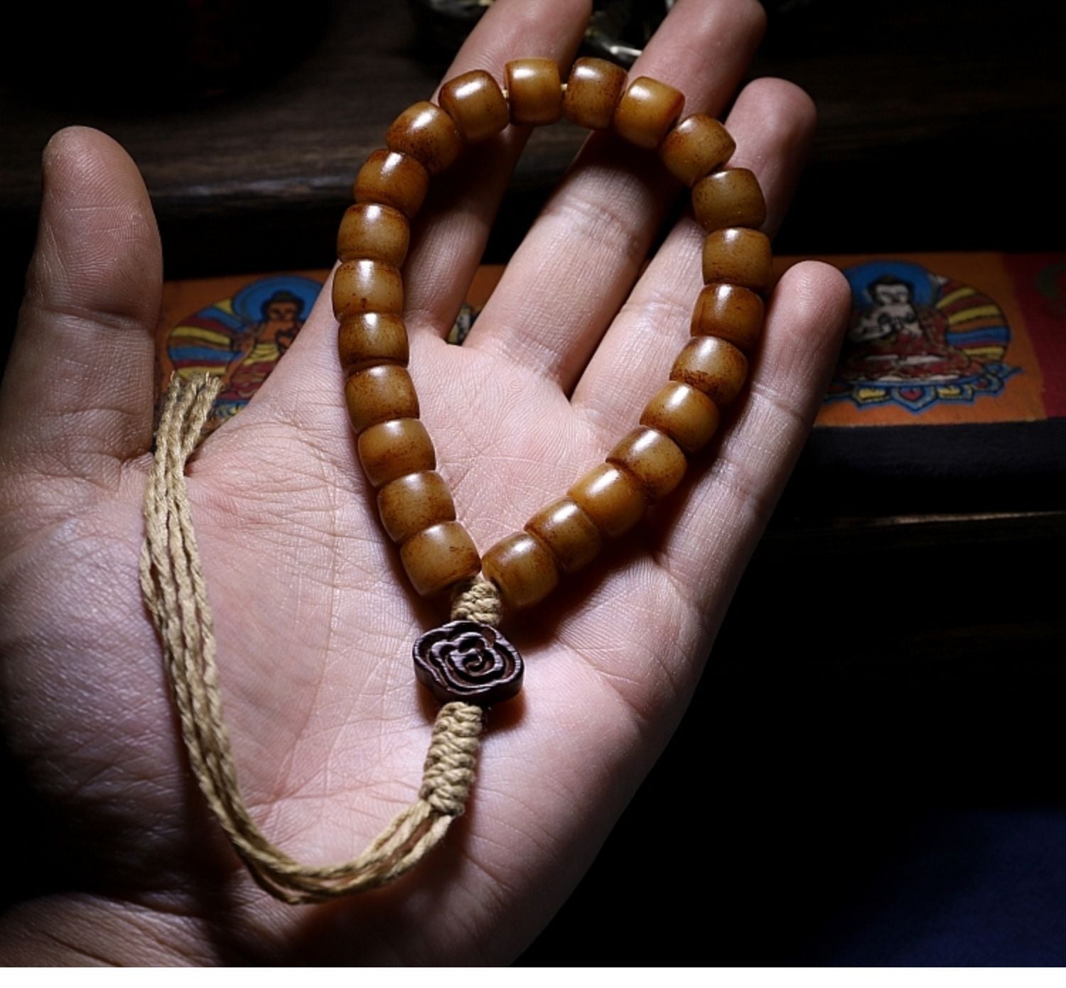 Kailashforce Artisanal Tibetan Yak Bone 108 Bead Mala Bracelet Vintage Handcarved with Sandalwood Inlays, Leather Tassel Ancient Scripture Accents Spiritual Jewelry for Men Women