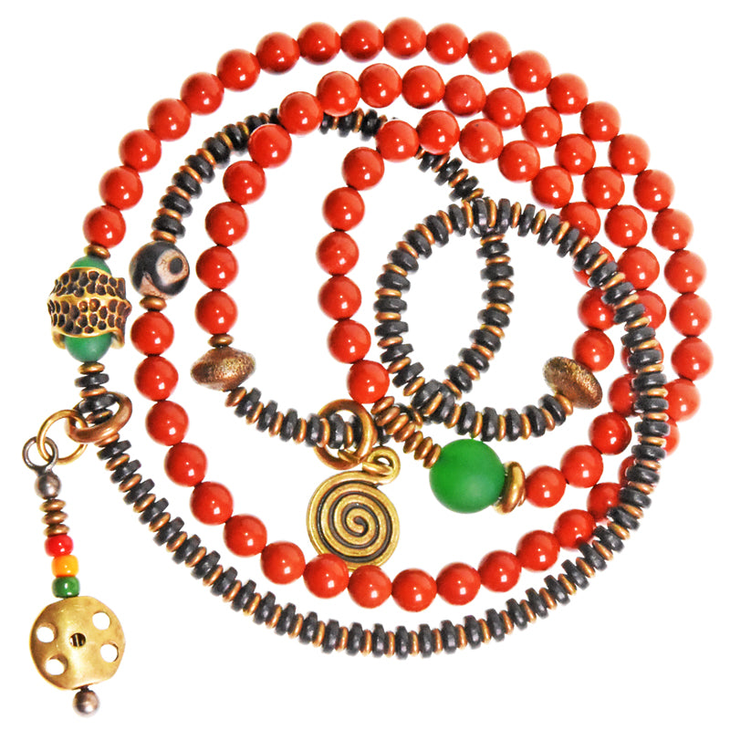 Kailashforce Multi Layer Redstone Sandalwood Necklace Ethnic Boho Layered Bracelet Necklace Set