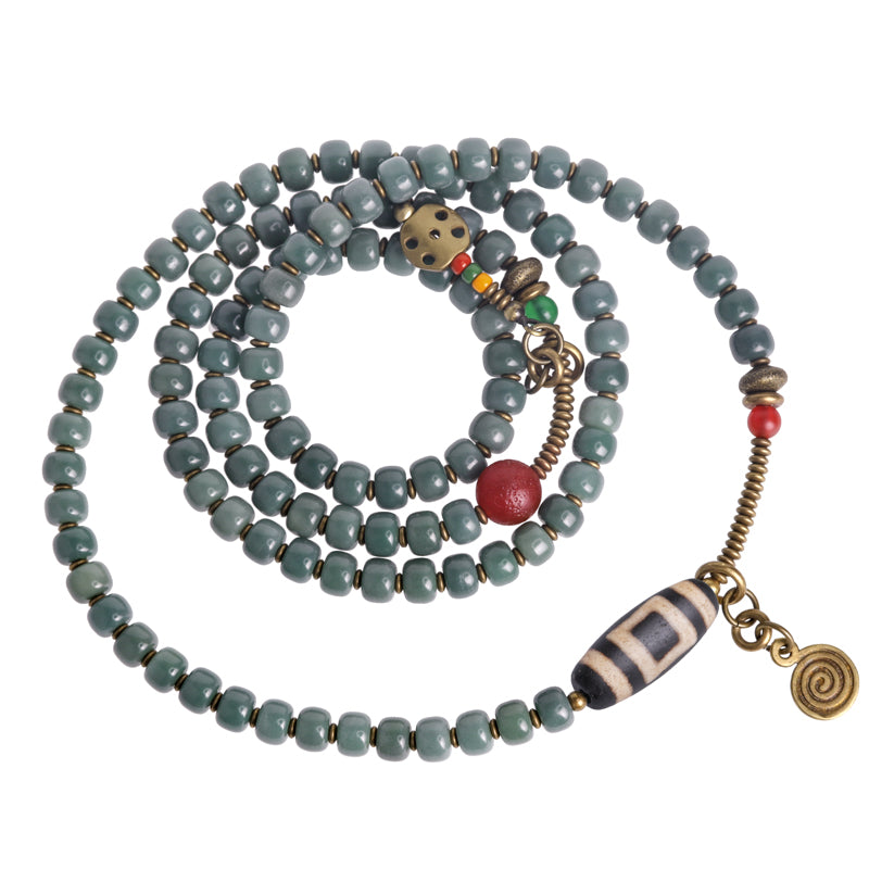 Kailashforce Vintage Bodhi Root Dzi Bead Necklace for Women Artistic Ethnic Long Sweater Chain Mystical Wisdom Timeless Elegance