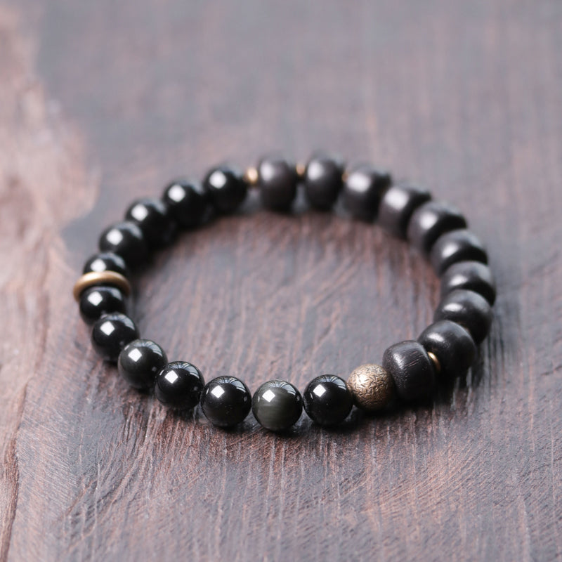 Kailashforce Artisan Chinese Vintage Ethnic Black Sandalwood Gold Gemstone Bracelet
