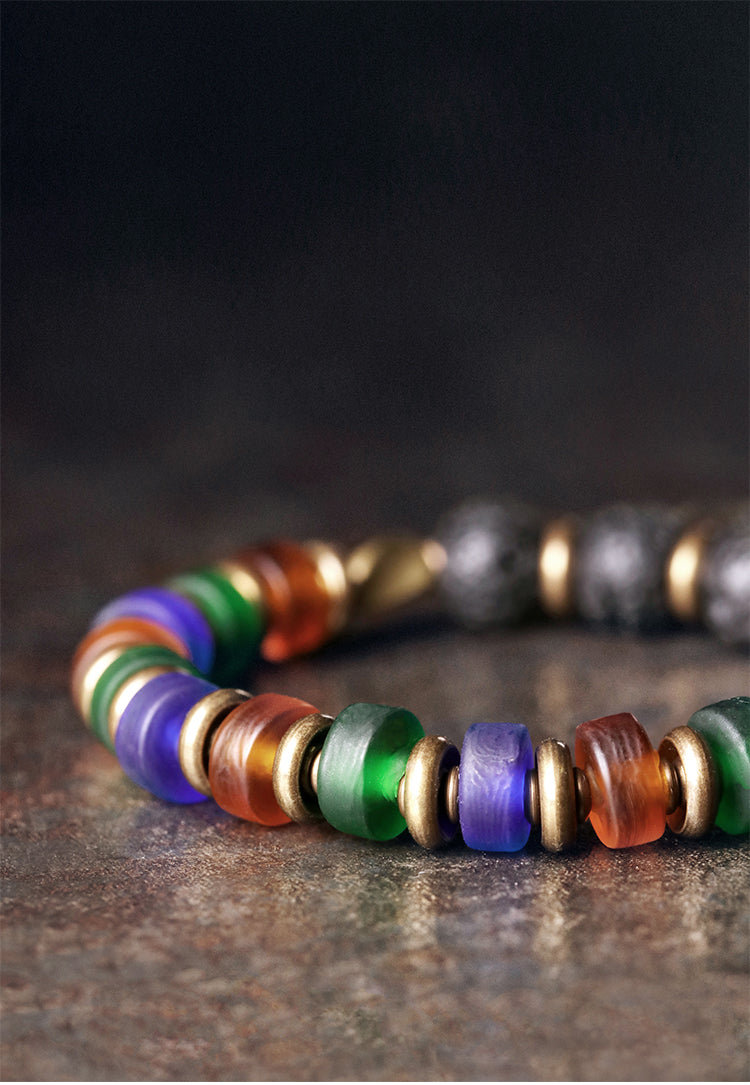 Kailashforce Original Design Colorful Glazed Bead Volcanic Stone Couple Bracelet Ethnic Vintage Handmade Jewelry for Men Women