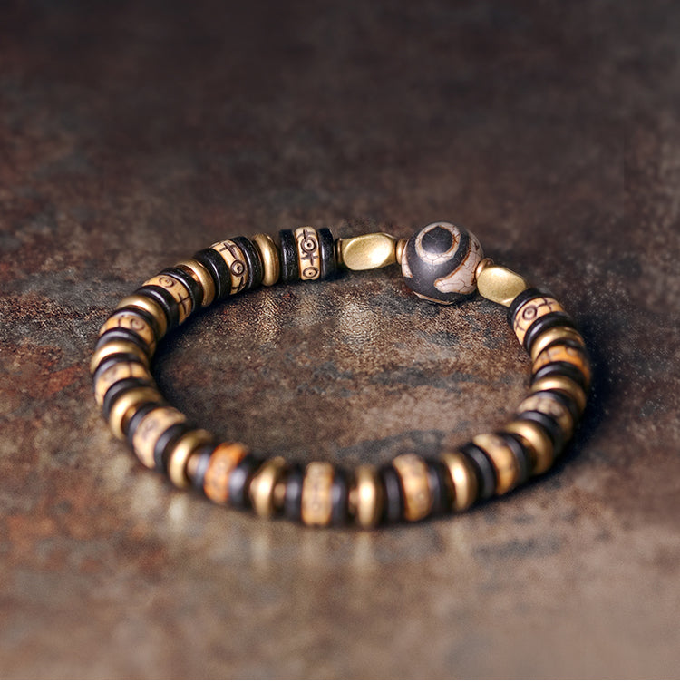 Kailashforce Vintage Cow Bone Brass Bead Bracelet Artisanal Boho Cuff for Men Women Retro Couple Jewelry with Mysterious Symbols Timeless Charm