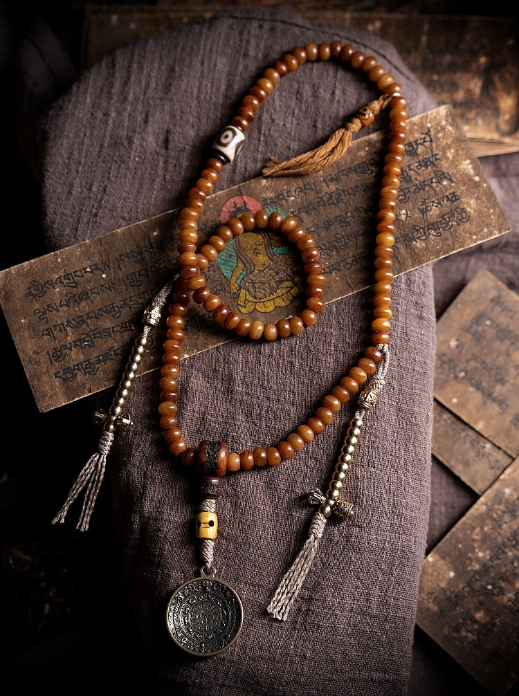 Kailashforce Natural Aged Yak Bone 108 Beads Buddhist Prayer Bracelet Necklace Set Tibetan Handcrafted Couple Jewelry with Carved Charms, Flowing Tassels Timeless Soul