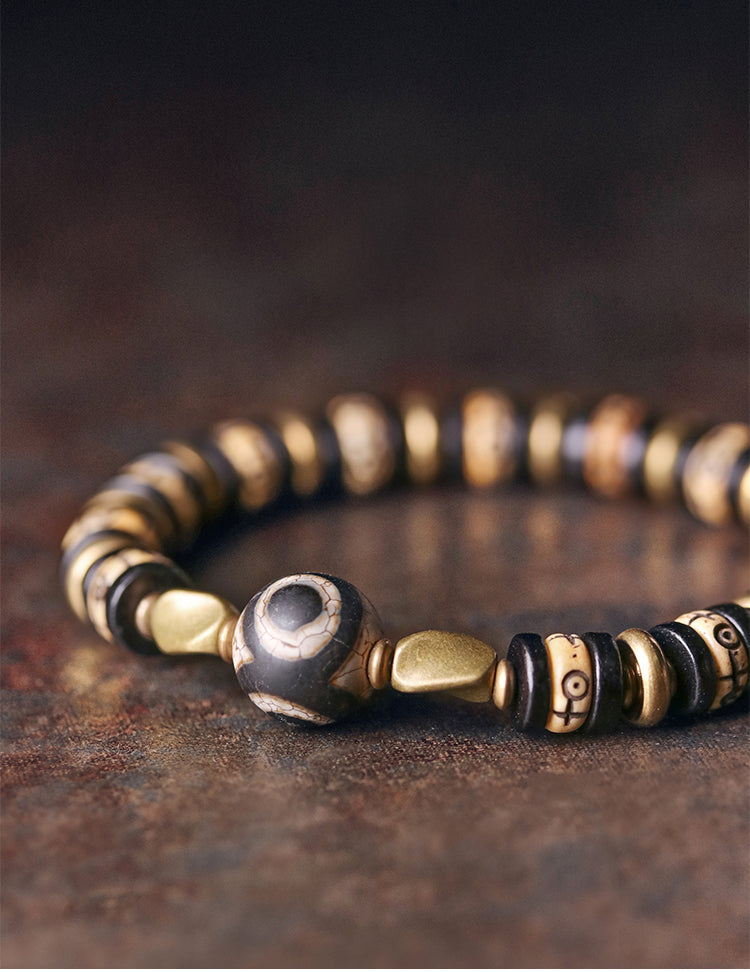 Kailashforce Vintage Cow Bone Brass Bead Bracelet Artisanal Boho Cuff for Men Women Retro Couple Jewelry with Mysterious Symbols Timeless Charm