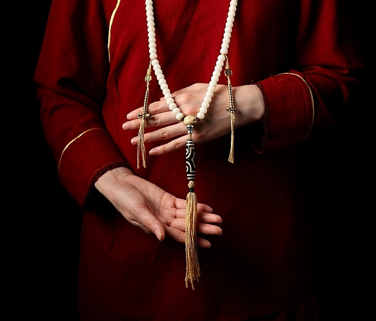 Kailashforce Tibetan White Dzi Root Mala Necklace Bracelet 108 Sacred Beads with Mystical Dzi Artisanal Spiritual Jewelry for Men Women