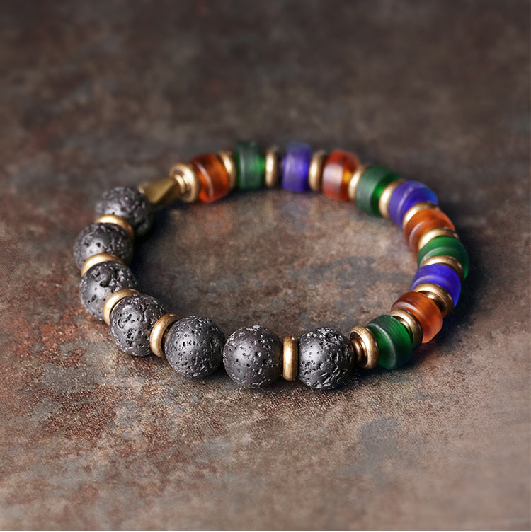 Kailashforce Original Design Colorful Glazed Bead Volcanic Stone Couple Bracelet Ethnic Vintage Handmade Jewelry for Men Women