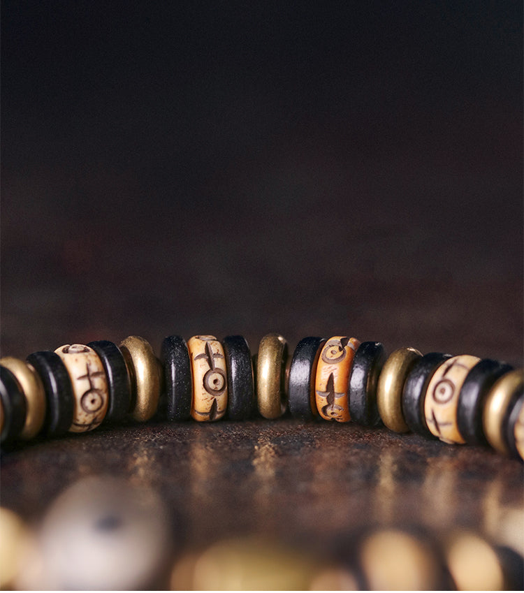 Kailashforce Vintage Cow Bone Brass Bead Bracelet Artisanal Boho Cuff for Men Women Retro Couple Jewelry with Mysterious Symbols Timeless Charm