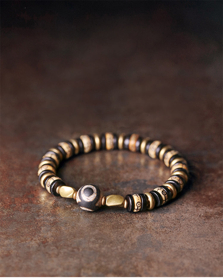 Kailashforce Vintage Cow Bone Brass Bead Bracelet Artisanal Boho Cuff for Men Women Retro Couple Jewelry with Mysterious Symbols Timeless Charm