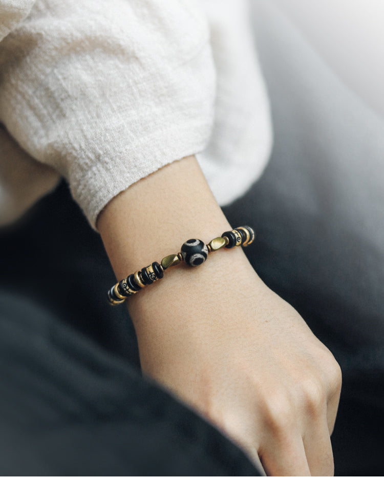 Kailashforce Vintage Cow Bone Brass Bead Bracelet Artisanal Boho Cuff for Men Women Retro Couple Jewelry with Mysterious Symbols Timeless Charm