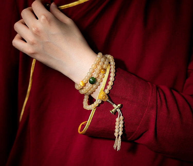 Kailashforce Original Minimalist Tibetan Inspired 108 Bead Natural Tibet Yak Horn Birthstone Buddha Rosary Unisex Spiritual Jewelry for Men or Women