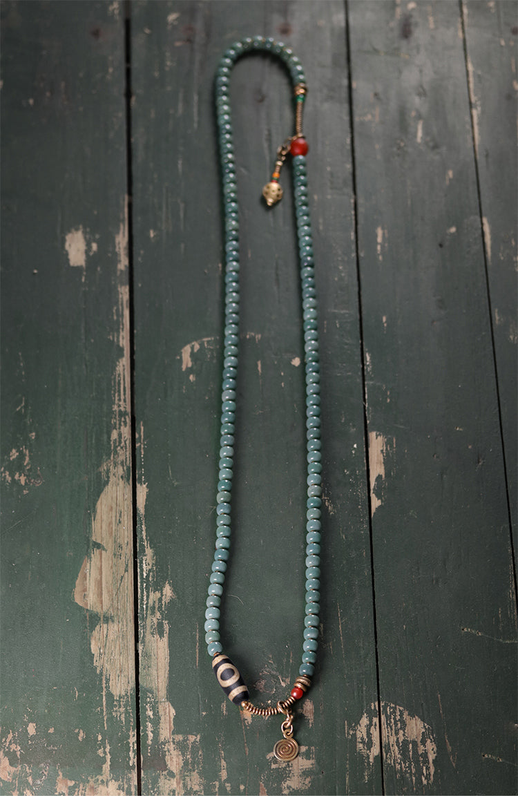 Kailashforce Vintage Bodhi Root Dzi Bead Necklace for Women Artistic Ethnic Long Sweater Chain Mystical Wisdom Timeless Elegance