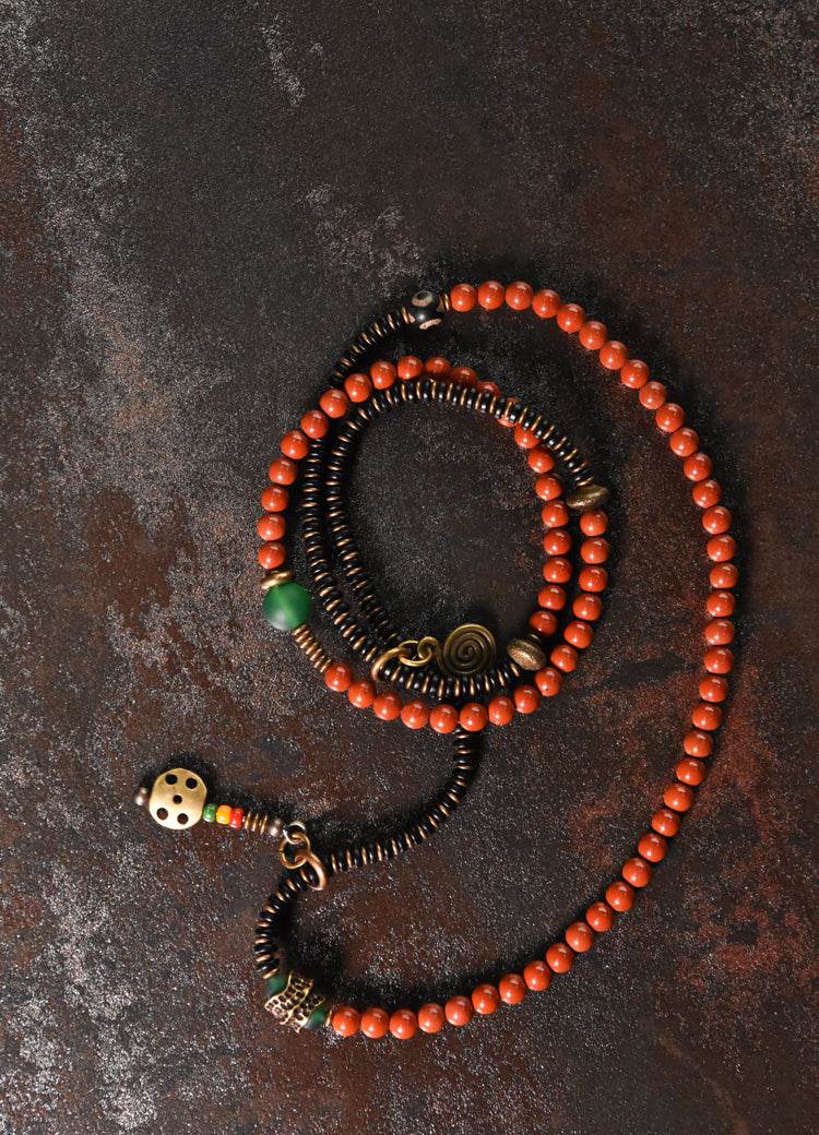 Kailashforce Multi Layer Redstone Sandalwood Necklace Ethnic Boho Layered Bracelet Necklace Set