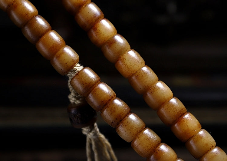 Kailashforce Artisanal Tibetan Yak Bone 108 Bead Mala Bracelet Vintage Handcarved with Sandalwood Inlays, Leather Tassel Ancient Scripture Accents Spiritual Jewelry for Men Women