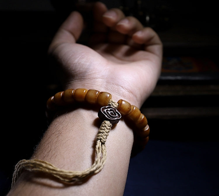 Kailashforce Artisanal Tibetan Yak Bone 108 Bead Mala Bracelet Vintage Handcarved with Sandalwood Inlays, Leather Tassel Ancient Scripture Accents Spiritual Jewelry for Men Women
