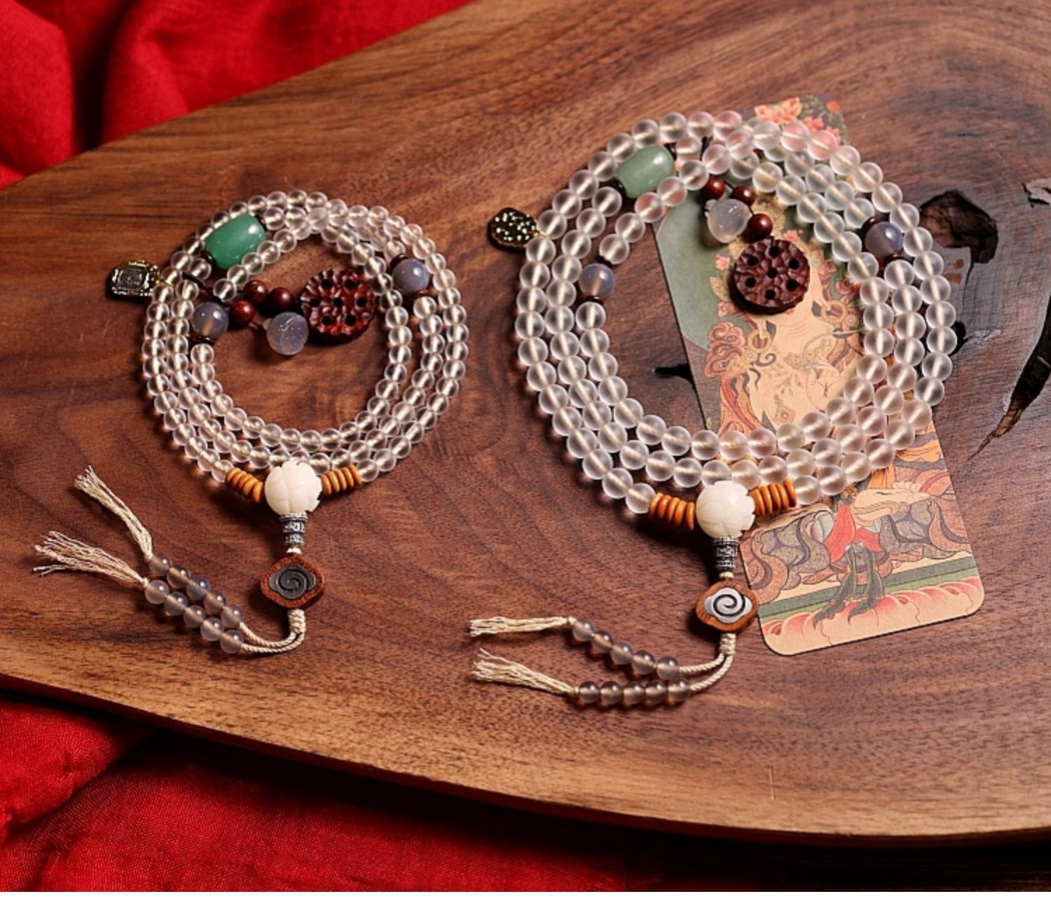 Kailashforce Artisanal Tibetan White Glazed Jade 108 Bead Mala Necklace White Tara Bracelet Handcrafted with Sandalwood Carvings, Lotus Pendants Wooden Beads Spiritual Jewelry for Women