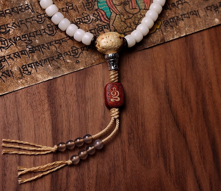 Kailashforce Tibetan White Dzi Root Mala Necklace Bracelet 108 Sacred Beads with Mystical Dzi Artisanal Spiritual Jewelry for Men Women