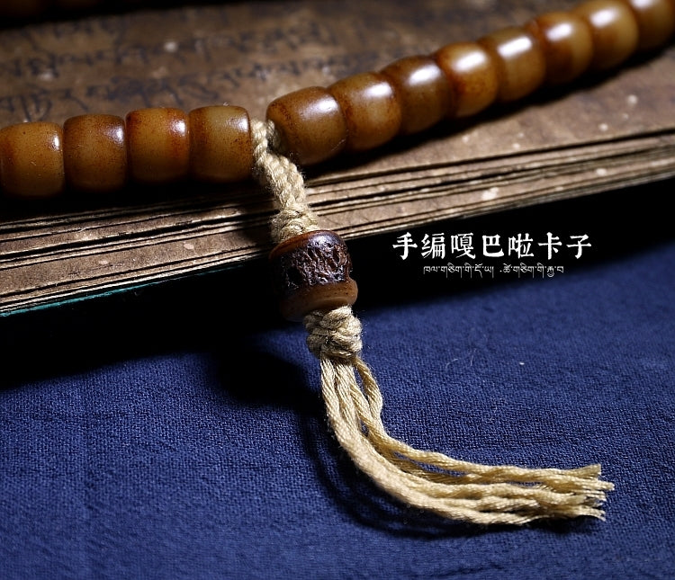 Kailashforce Artisanal Tibetan Yak Bone 108 Bead Mala Bracelet Vintage Handcarved with Sandalwood Inlays, Leather Tassel Ancient Scripture Accents Spiritual Jewelry for Men Women