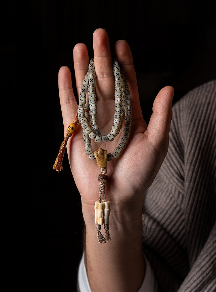 Kailashforce  Tibetan Yak Bone Dice Mala 108 Beads of Aged Wisdom, Where Bone Whispers Meet Soul’s Journey