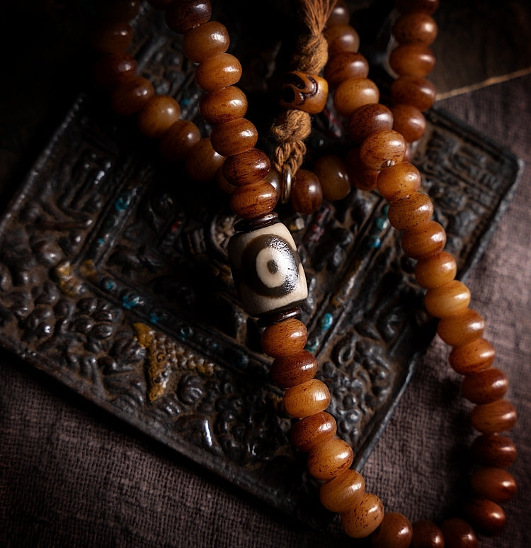 Kailashforce Natural Aged Yak Bone 108 Beads Buddhist Prayer Bracelet Necklace Set Tibetan Handcrafted Couple Jewelry with Carved Charms, Flowing Tassels Timeless Soul